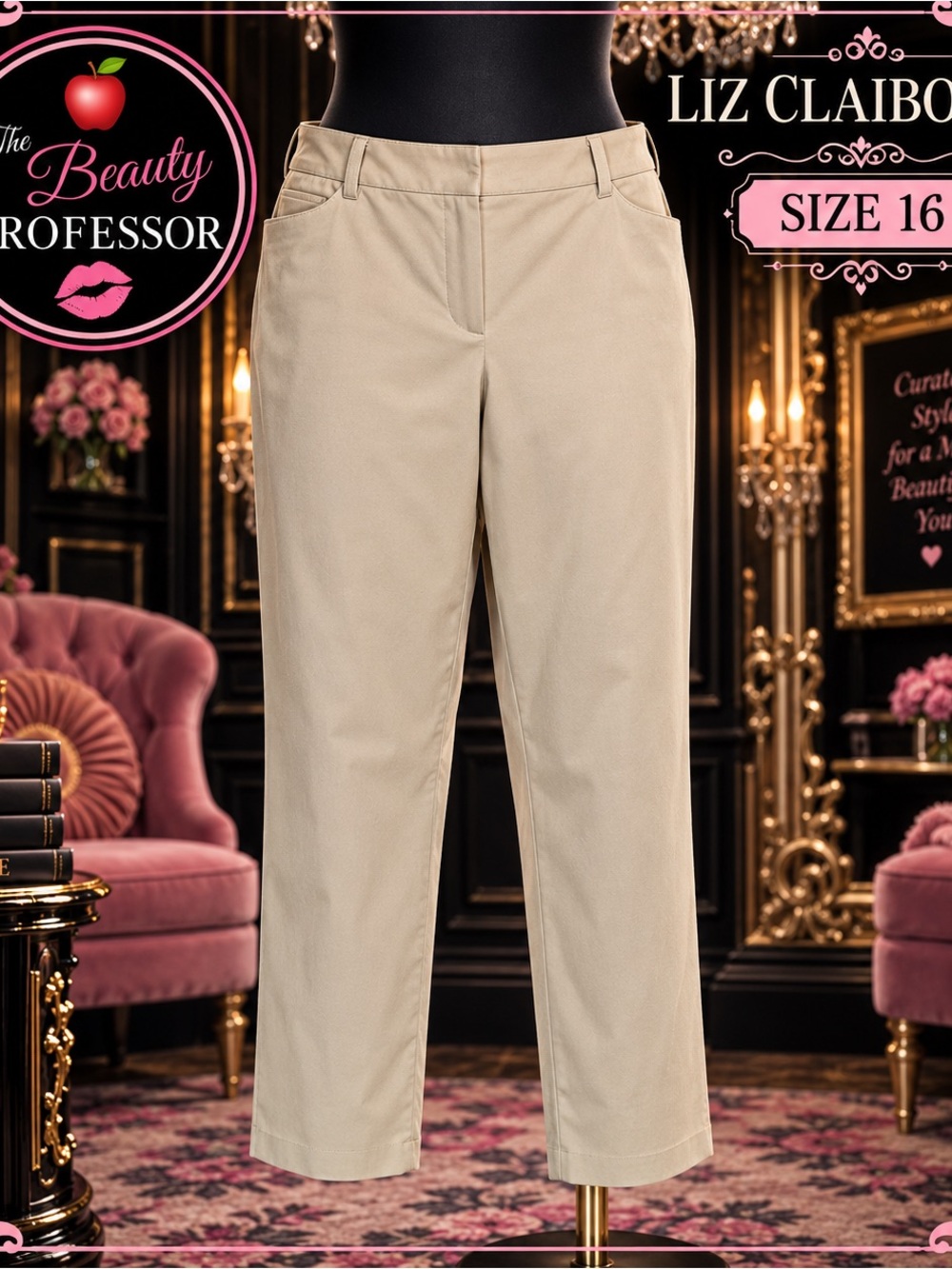💕Liz Claiborne Beige Cropped Straight-Leg Pants